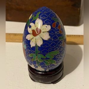 Vintage Cloisonne Egg with Wood Stand. Handmade Unusual Floral Design